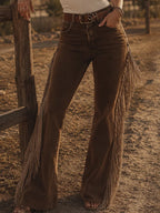 Brown Women's Fringe Bootcut Jeans — Everly Stretch High-Rise Flared - Close Up Fringe Detail
