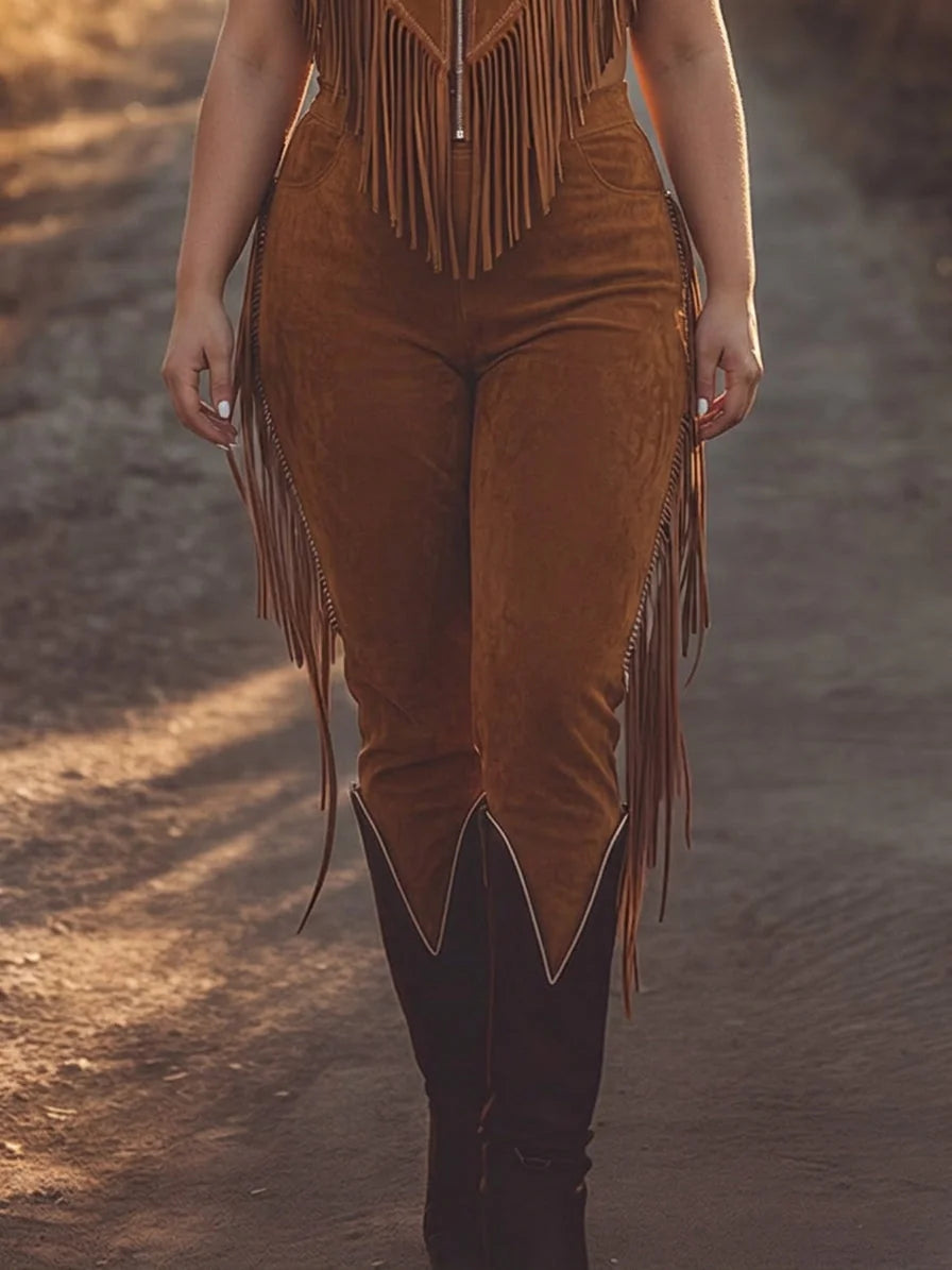 Cognac Women's Fringe Suede Jumpsuits — Holly Zip-Up Western Sleeveless - Close Up Pants Fringe