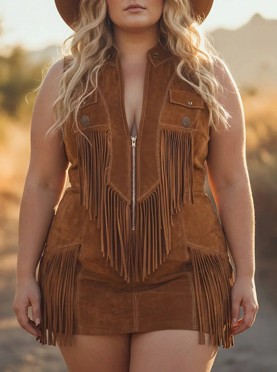 Cognac Women's Fringe Suede Jumpsuits — Holly Zip-Up Western Sleeveless - Close Up Vest Detail