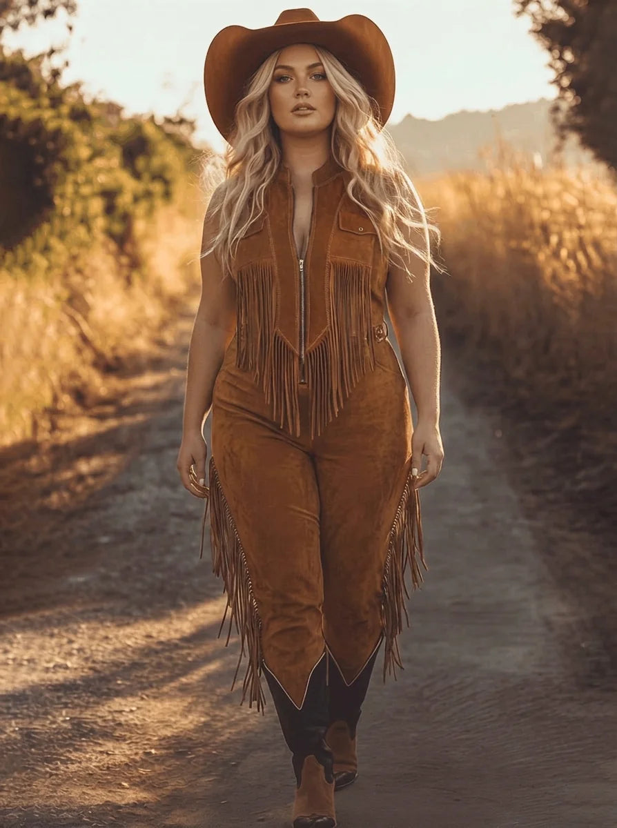 Cognac Women's Fringe Suede Jumpsuits — Holly Zip-Up Western Sleeveless - Front Full Portrait