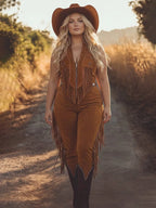 Brown Women's Fringe Suede Jumpsuits - Front Pose Hat