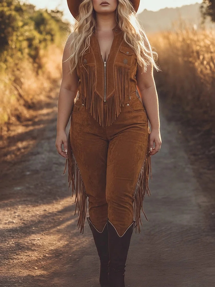 Cognac Women's Fringe Suede Jumpsuits — Holly Zip-Up Western Sleeveless - Model Walking Full