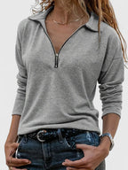 Gray Women's Zip Up Sweatshirt — Tessa Relaxed Half-Zip Polo Collar - Worn Lifestyle