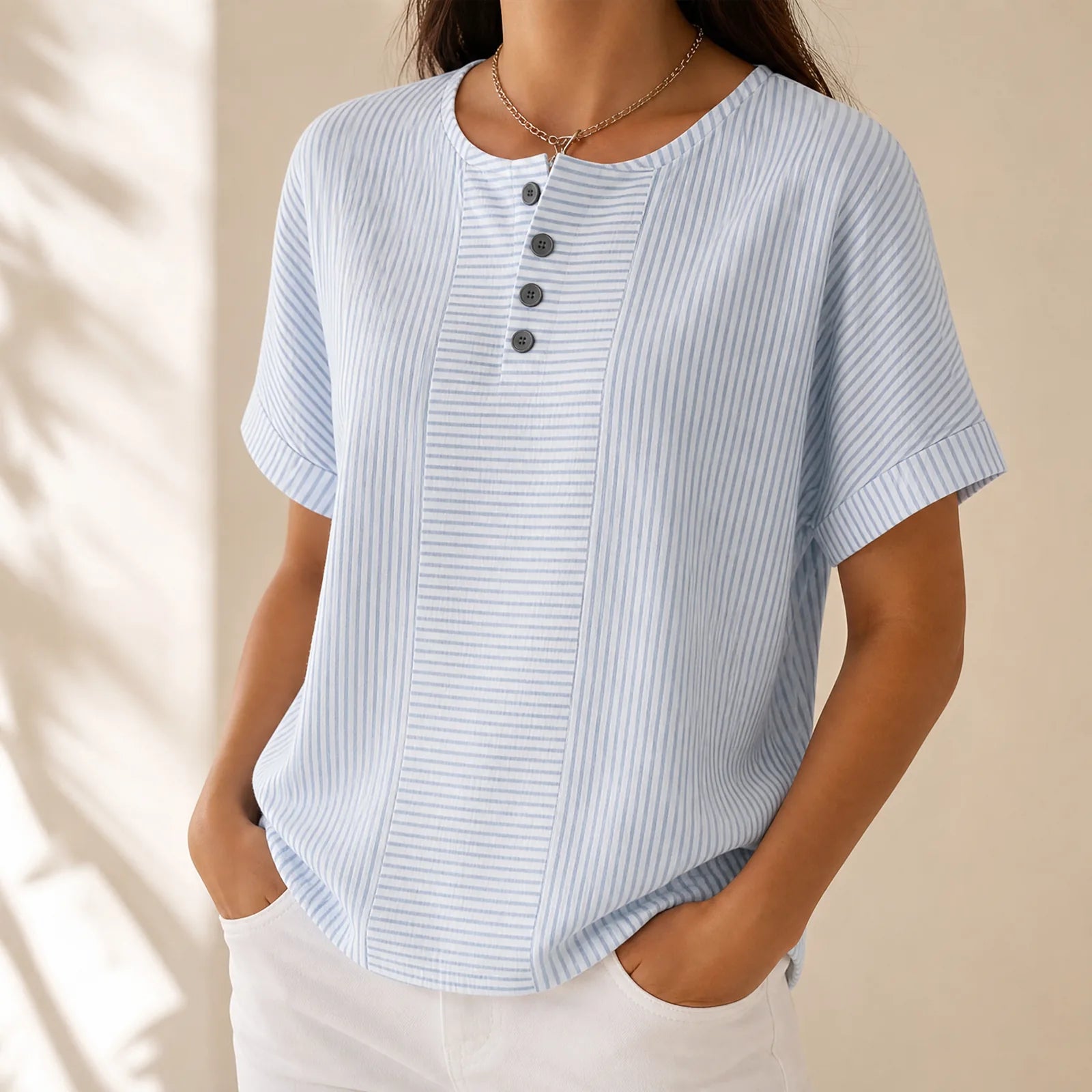 Sky Blue Women's Striped Henley Top — Winifred Relaxed-Fit Button-Front Cotton - Close Up Neckline
