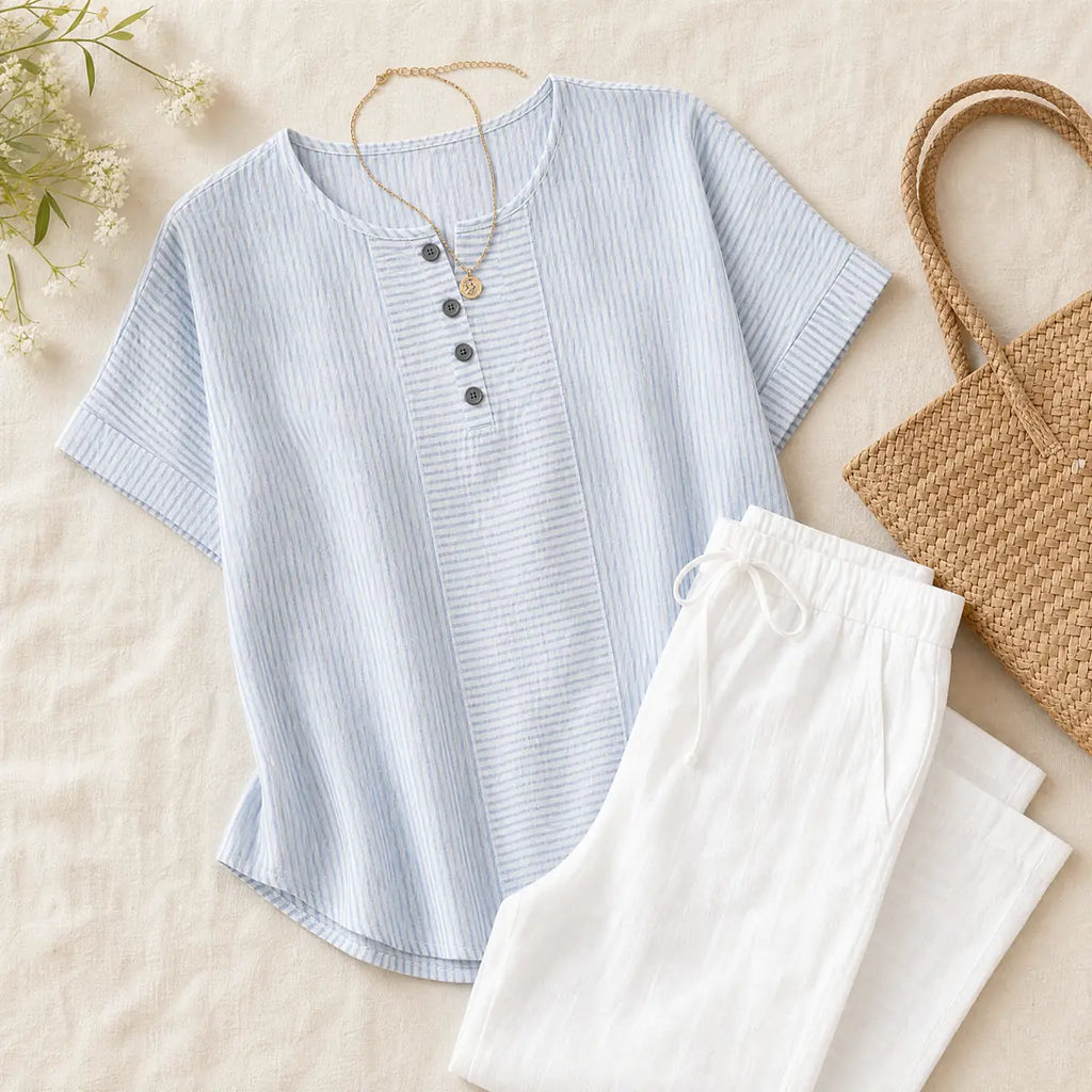 Sky Blue Women's Striped Henley Top — Winifred Relaxed-Fit Button-Front Cotton - Flat Lay
