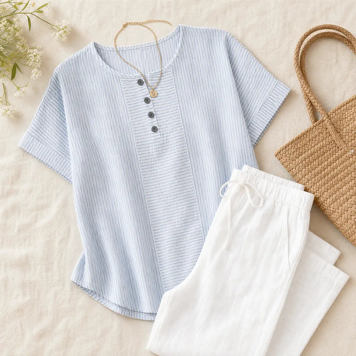 Sky Blue Women's Striped Henley Top — Winifred Relaxed-Fit Button-Front Cotton - Flat Lay