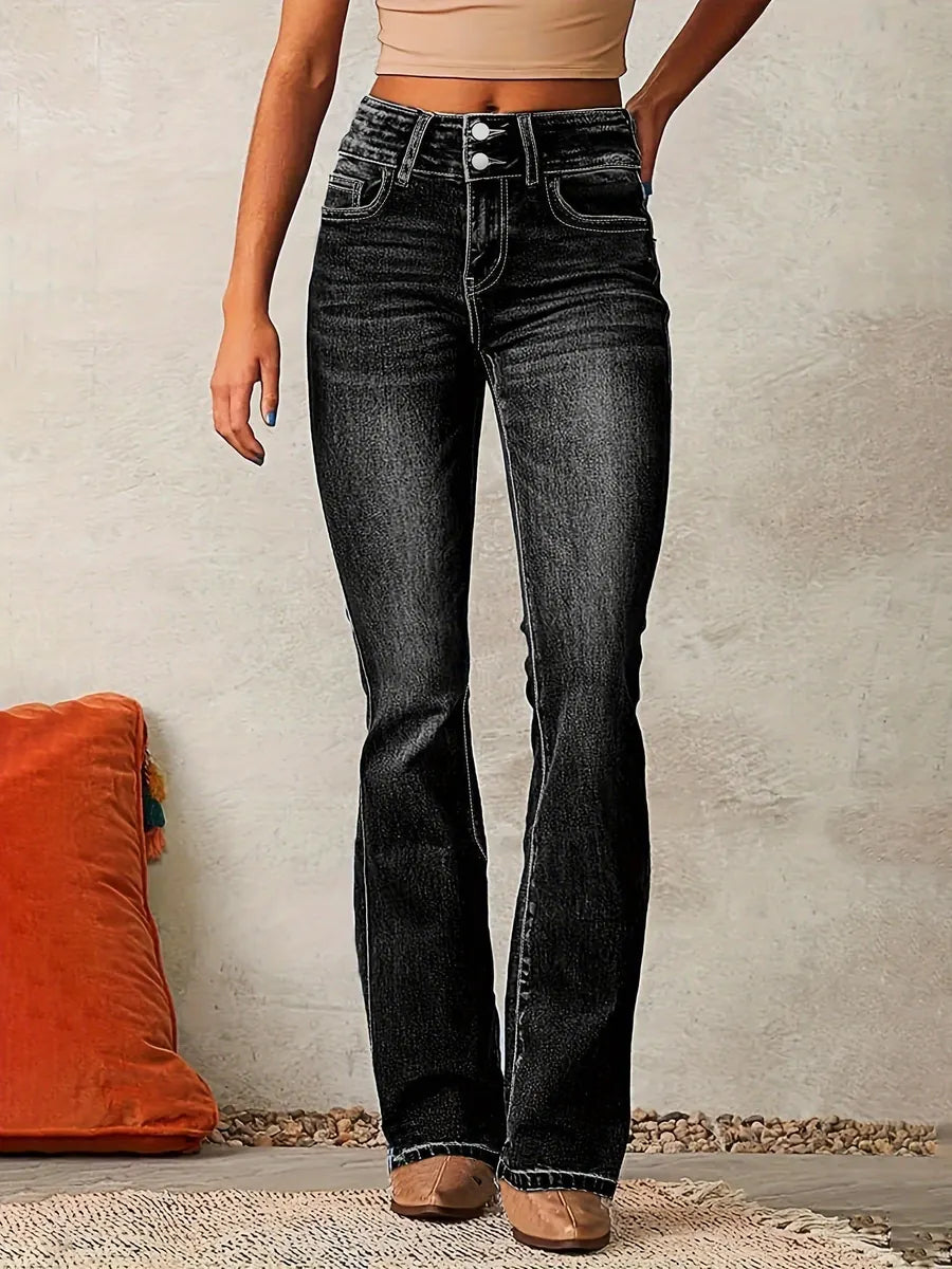 Black Women's High Waist Bootcut Jeans — Marigold Tailored Double-Button Five-Pocket - Front Full