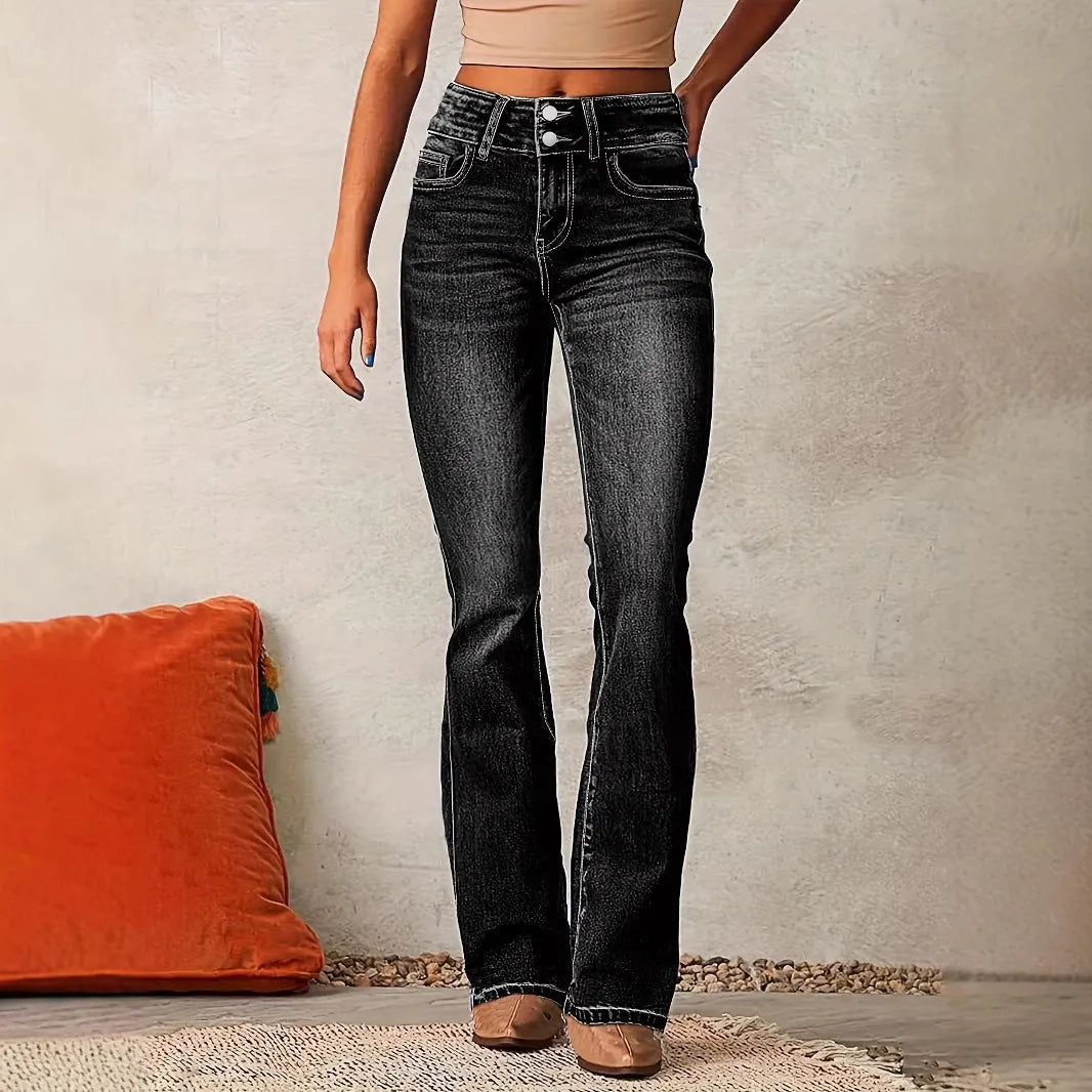 Black Women's High Waist Bootcut Jeans — Marigold Tailored Double-Button Five-Pocket - Front Pose
