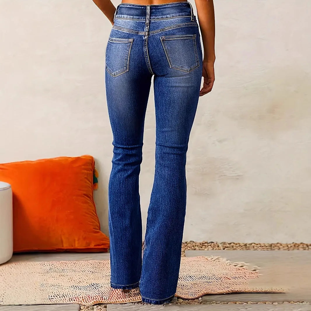 Blue Women's High Waist Bootcut Jeans — Marigold Tailored Double-Button Five-Pocket - Back Detail