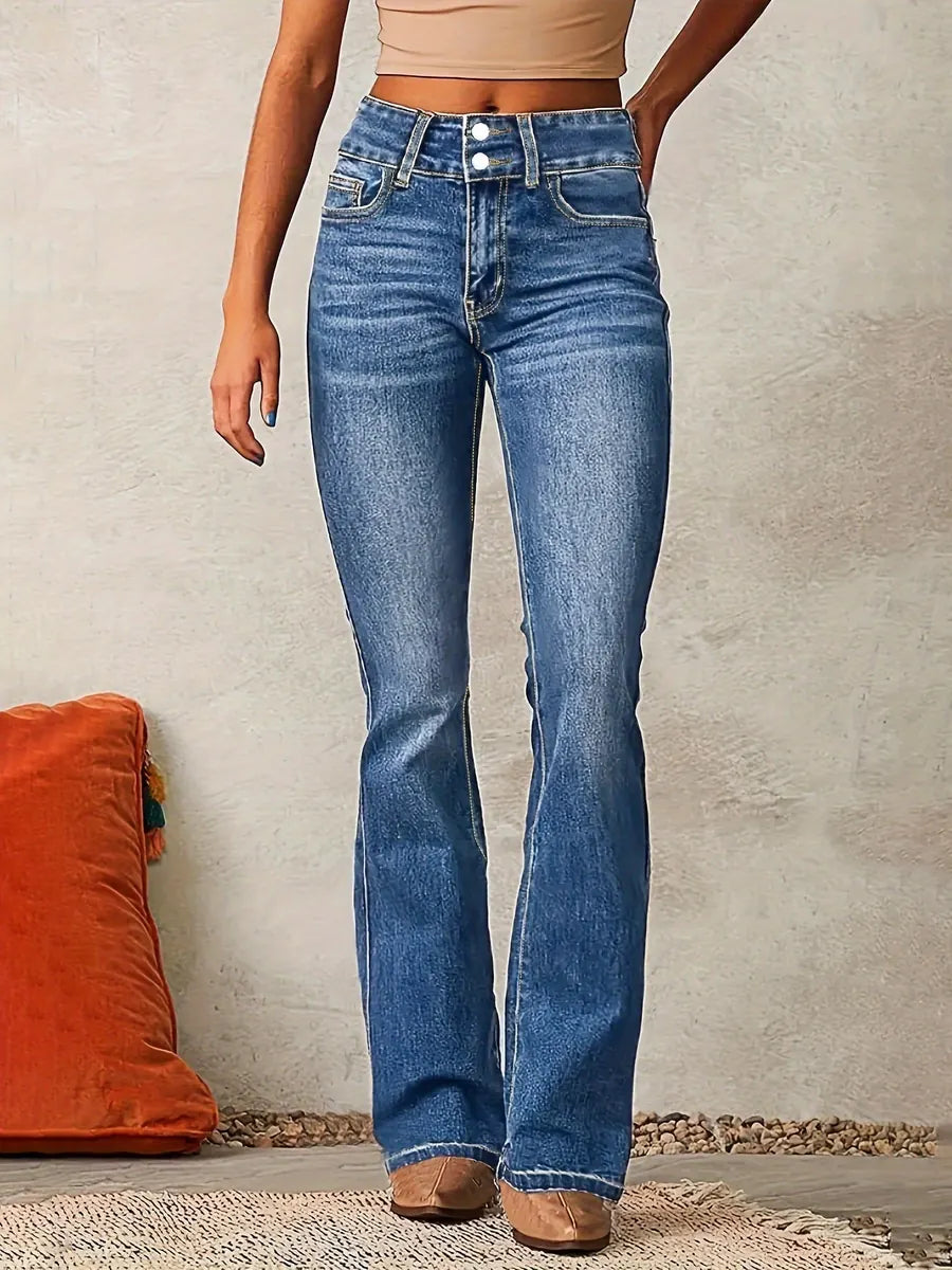 Blue Women's High Waist Bootcut Jeans — Marigold Tailored Double-Button Five-Pocket - Front Closeup
