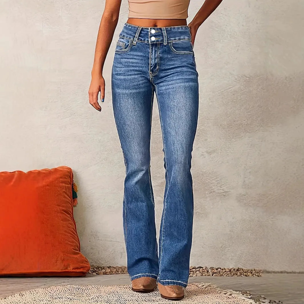 Blue Women's High Waist Bootcut Jeans — Marigold Tailored Double-Button Five-Pocket - Front Studio