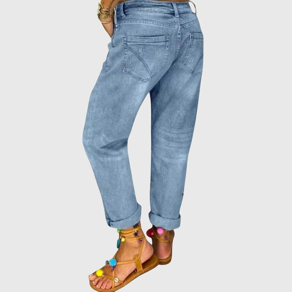 Light Blue Women's Blue Distressed Boyfriend Jeans — Annie Button-Fly High-Waisted Ripped - Back Detail