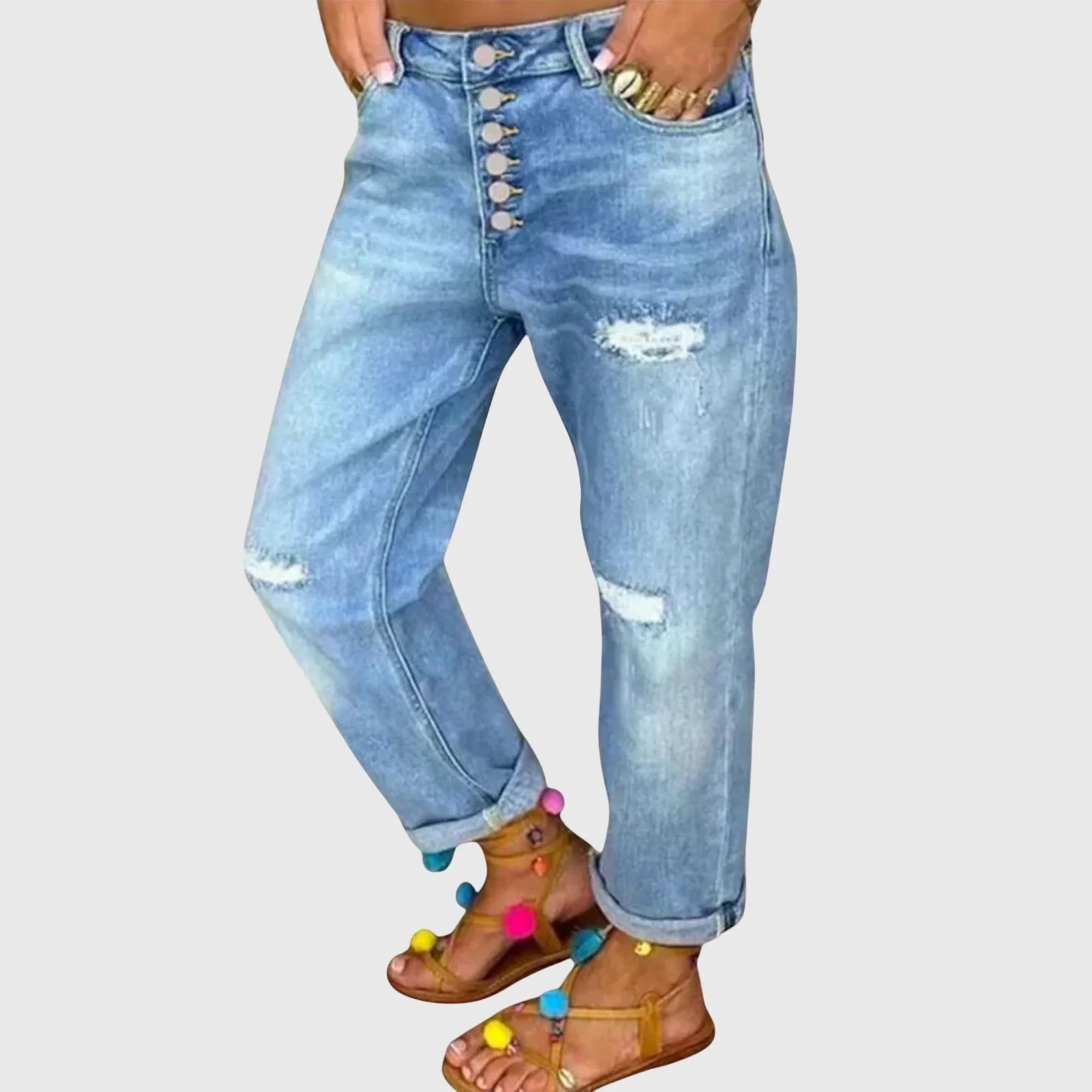 Light Blue Blue Women's Blue Distressed Boyfriend Jeans — Annie Button-Fly High-Waisted Ripped - Front Full