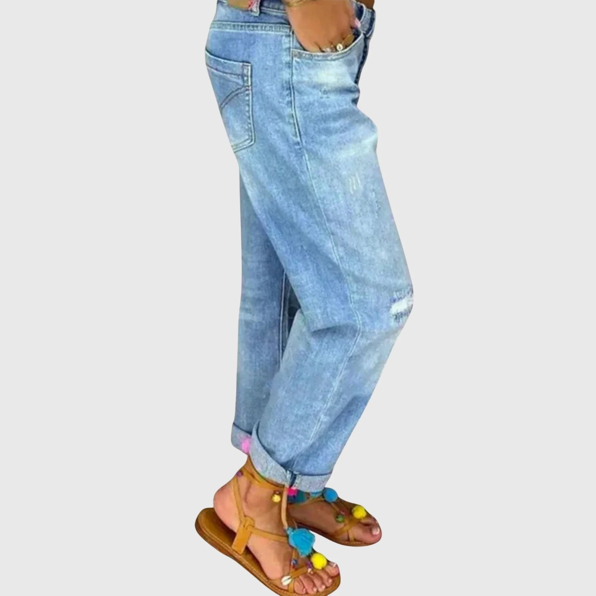 Light Blue Women's Blue Distressed Boyfriend Jeans — Annie Button-Fly High-Waisted Ripped - Side Pose