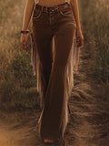 Brown Women's High Waist Flared Jeans — Faith Stretch Fringe Western - Front Walking
