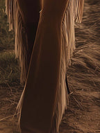 Brown Women's High Waist Flared Jeans — Faith Stretch Fringe Western - Leg Fringe Detail