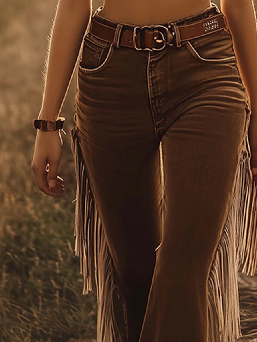 Brown Women's High Waist Flared Jeans — Faith Stretch Fringe Western - Waist Belt Detail