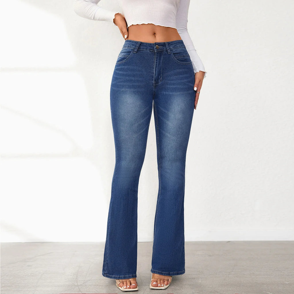 Blue Women's High Waist Flared Jeans — Aubrey Flattering Bootcut Stretch - Close Up Front