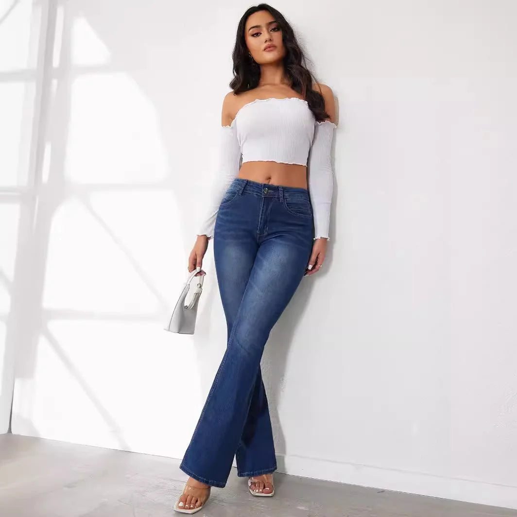 Blue Women's High Waist Flared Jeans — Aubrey Flattering Bootcut Stretch - Full Body Front