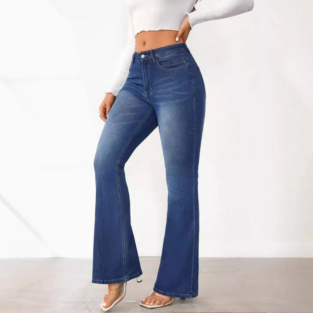 Blue Women's High Waist Flared Jeans — Aubrey Flattering Bootcut Stretch - Side Angle