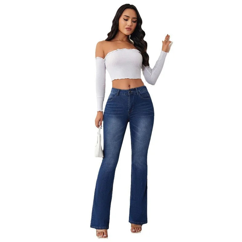 Blue Women's High Waist Flared Jeans — Aubrey Flattering Bootcut Stretch - Studio Pose