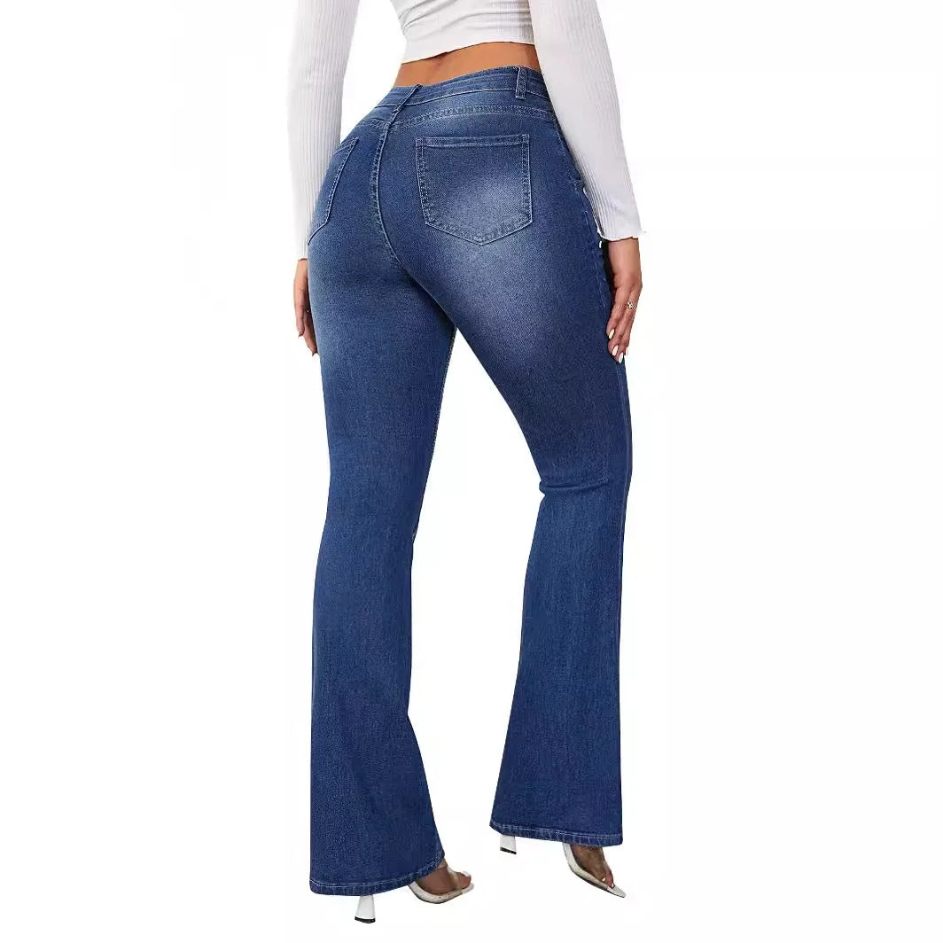 Dark Blue Women's High Waist Flared Jeans — Aubrey Flattering Bootcut Stretch - Back Detail
