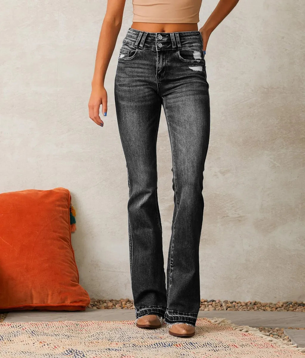 Black Women's High-Waisted Bootcut Jeans — Gwen Denim Distressed Frayed-Hem - Front Standing