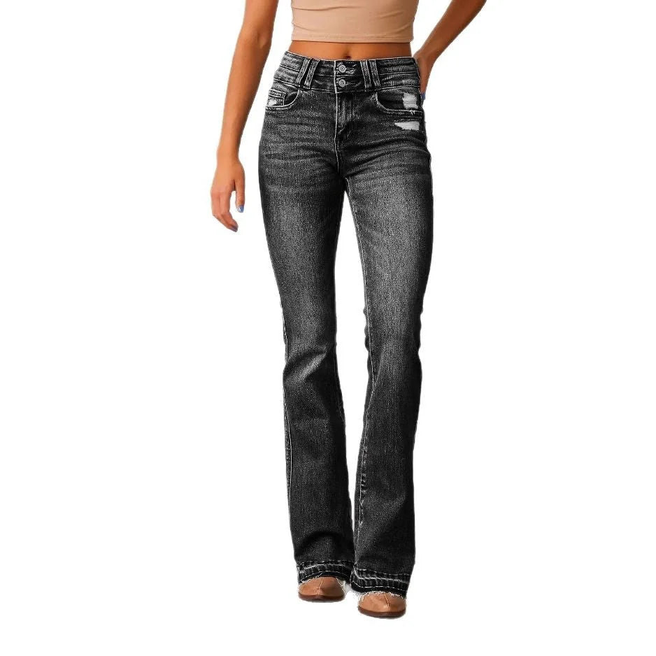 Black Women's High-Waisted Bootcut Jeans — Gwen Denim Distressed Frayed-Hem - Studio White