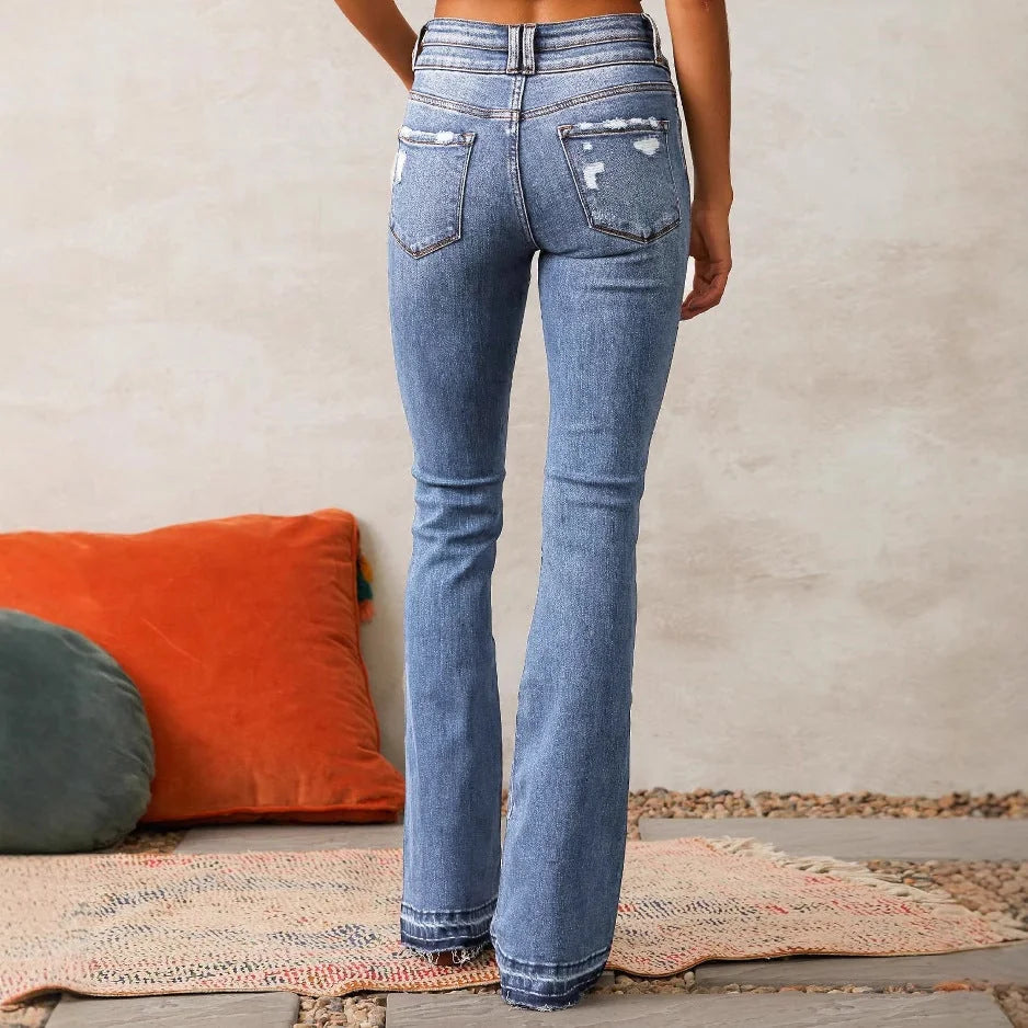 Blue Women's High-Waisted Bootcut Jeans — Gwen Denim Distressed Frayed-Hem - Back Detail