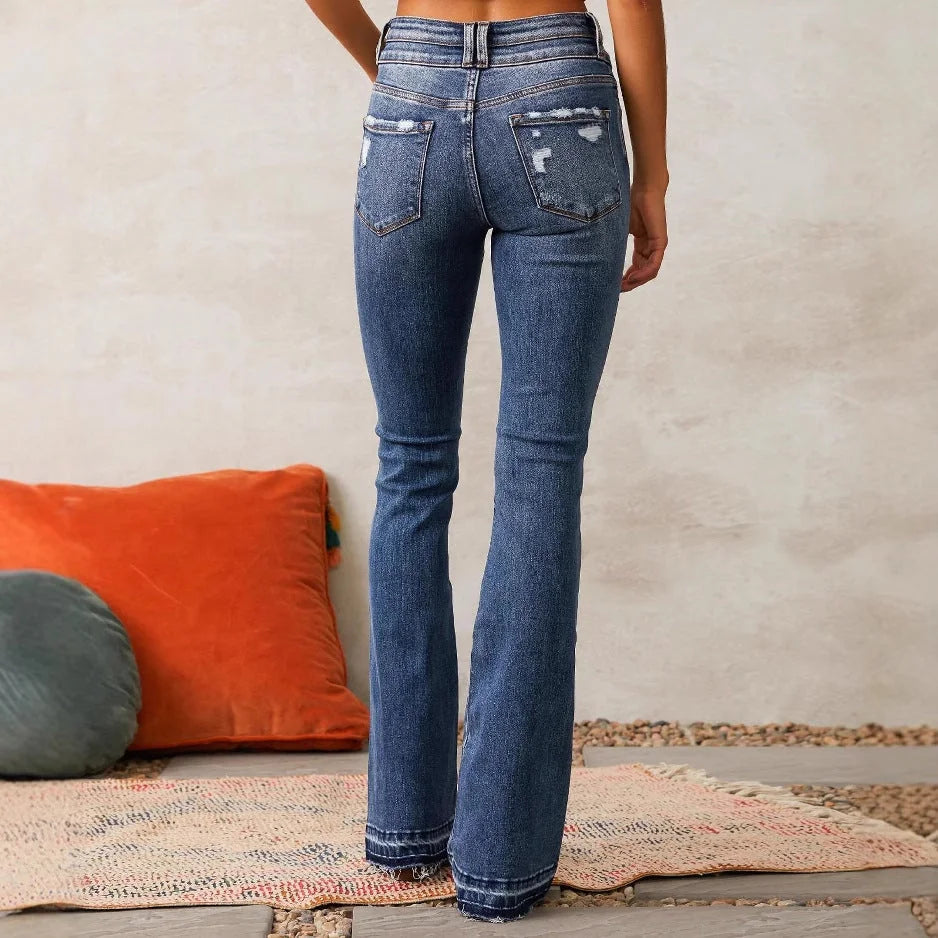 Blue Women's High-Waisted Bootcut Jeans — Gwen Denim Distressed Frayed-Hem - Back Full