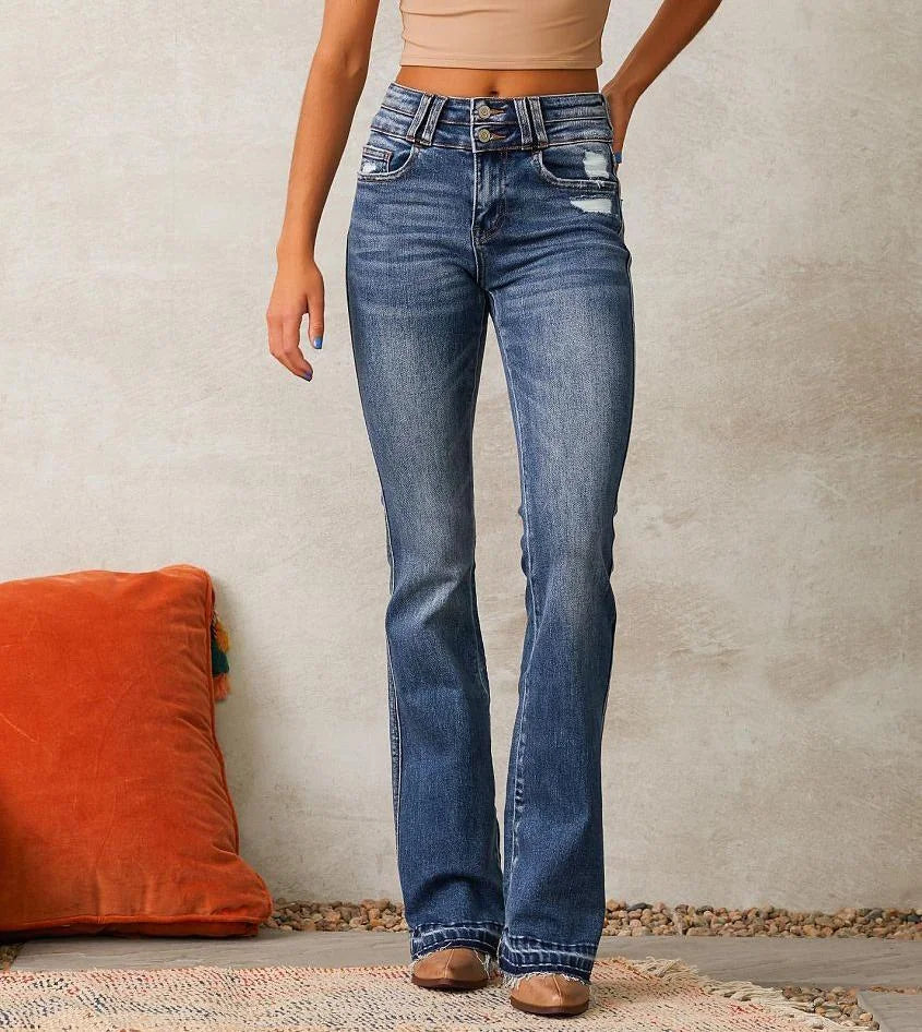 Blue Women's High-Waisted Bootcut Jeans — Gwen Denim Distressed Frayed-Hem - Front Closeup