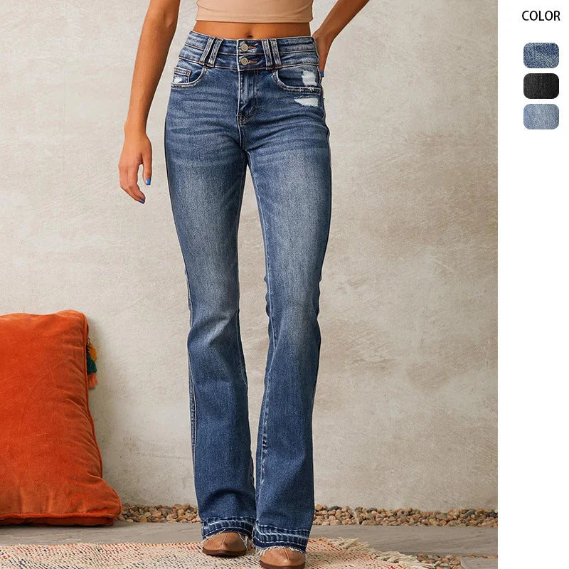 Blue Women's High-Waisted Bootcut Jeans — Gwen Denim Distressed Frayed-Hem - Front Full