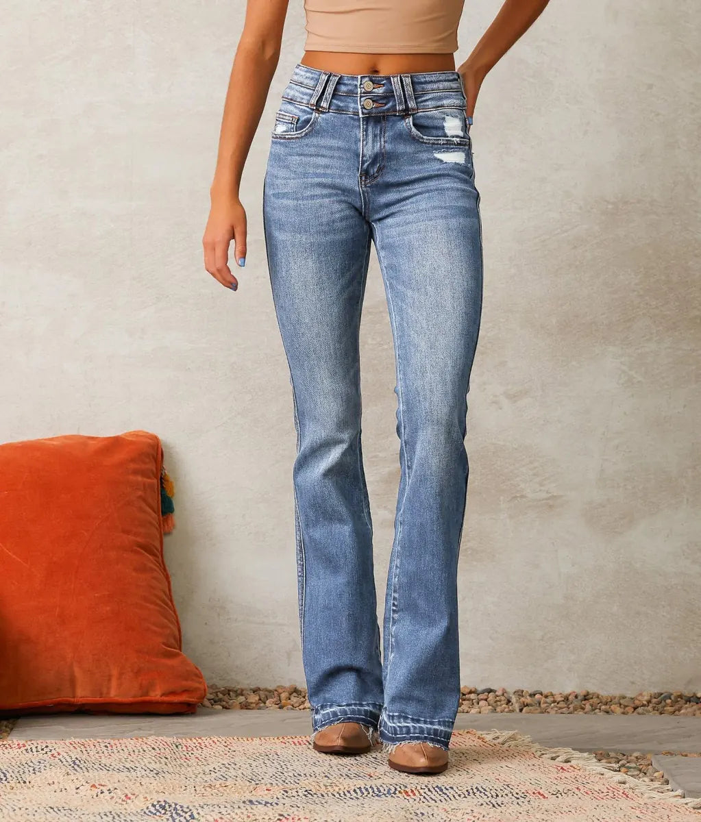 Blue Women's High-Waisted Bootcut Jeans — Gwen Denim Distressed Frayed-Hem - Front Pose