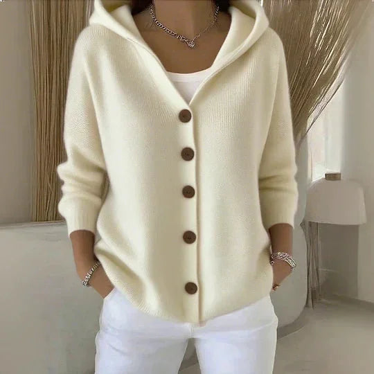Beige Women's Hooded Button-Front Cardigan — Chelsea Relaxed Pocketed Knit - Front Pose