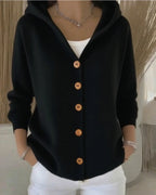 Black Women's Hooded Button-Front Cardigan — Chelsea Relaxed Pocketed Knit - Front Hand Pocket