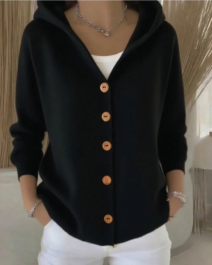 Black Women's Hooded Button-Front Cardigan — Chelsea Relaxed Pocketed Knit - Front Hand Pocket