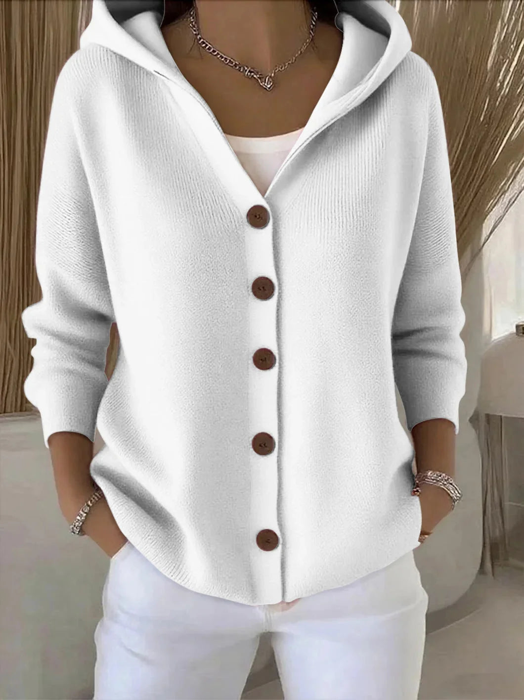 Gray Women's Hooded Button-Front Cardigan — Chelsea Relaxed Pocketed Knit - Front Lifestyle