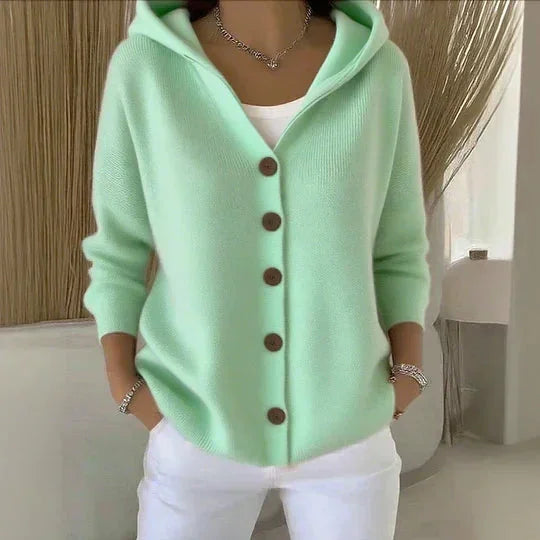 Green Women's Hooded Button-Front Cardigan — Chelsea Relaxed Pocketed Knit - Front Angle