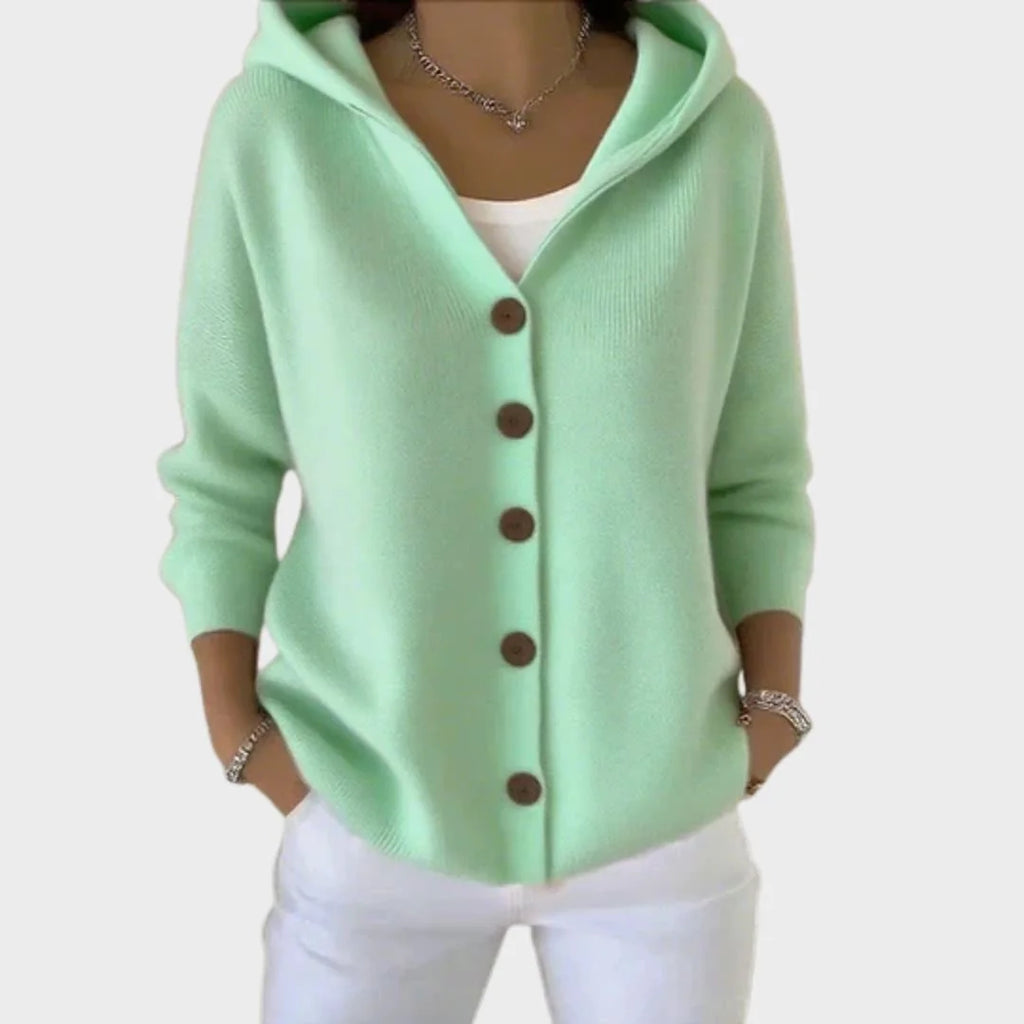 Green Women's Hooded Button-Front Cardigan — Chelsea Relaxed Pocketed Knit - Front Full