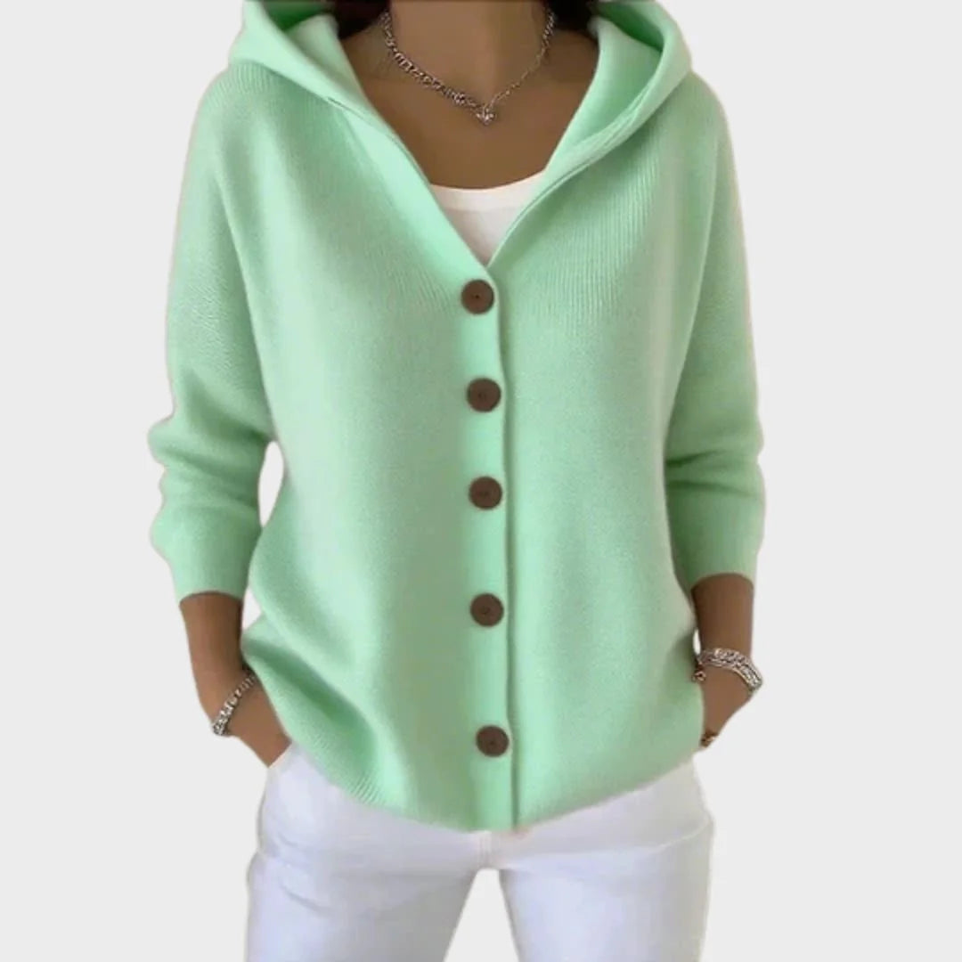 Green Women's Hooded Button-Front Cardigan — Chelsea Relaxed Pocketed Knit - Front Full