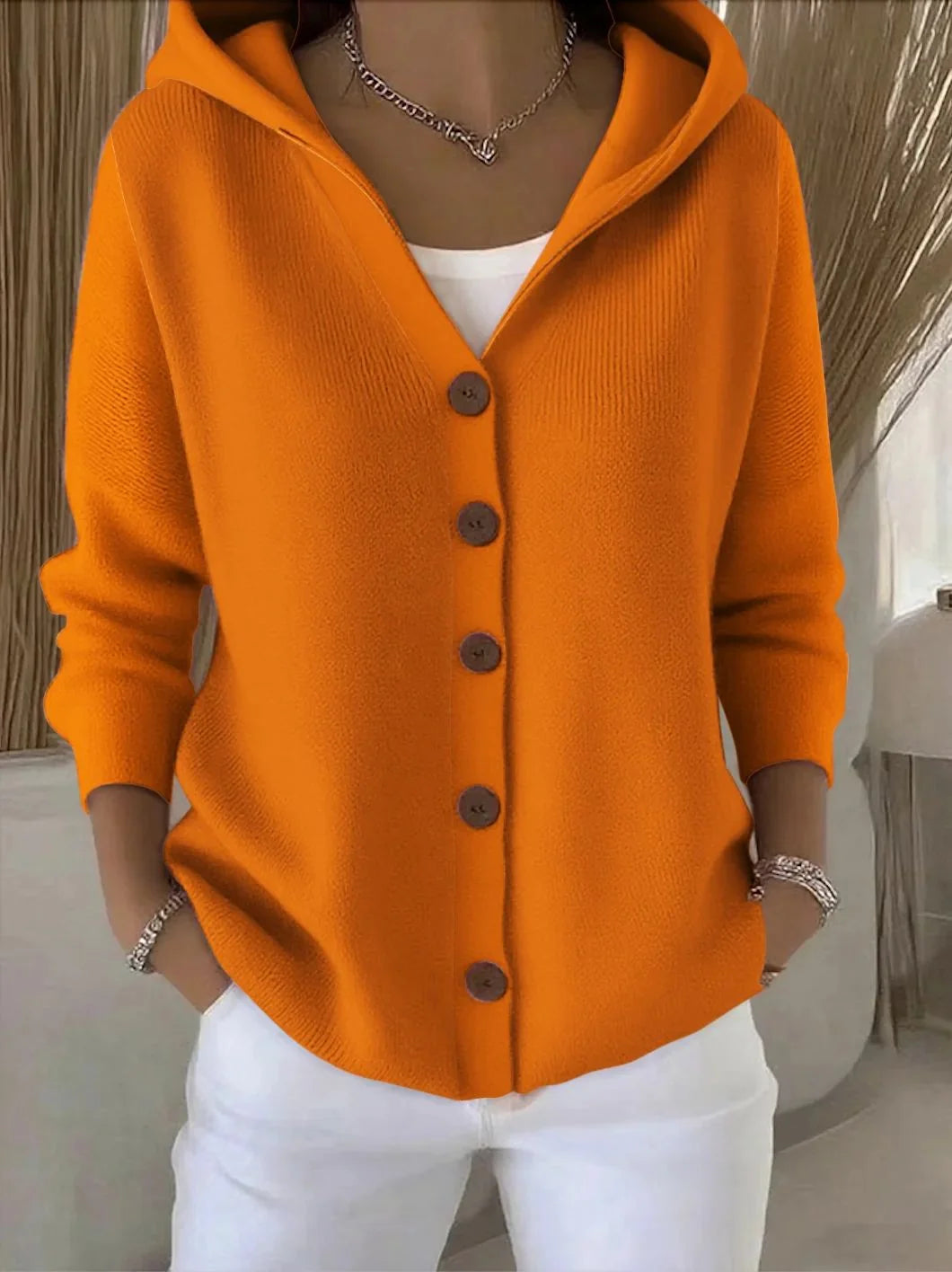 Orange Women's Hooded Button-Front Cardigan — Chelsea Relaxed Pocketed Knit - Front Indoor