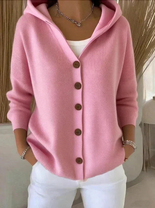 Pink Women's Hooded Button-Front Cardigan — Chelsea Relaxed Pocketed Knit - Front Closeup