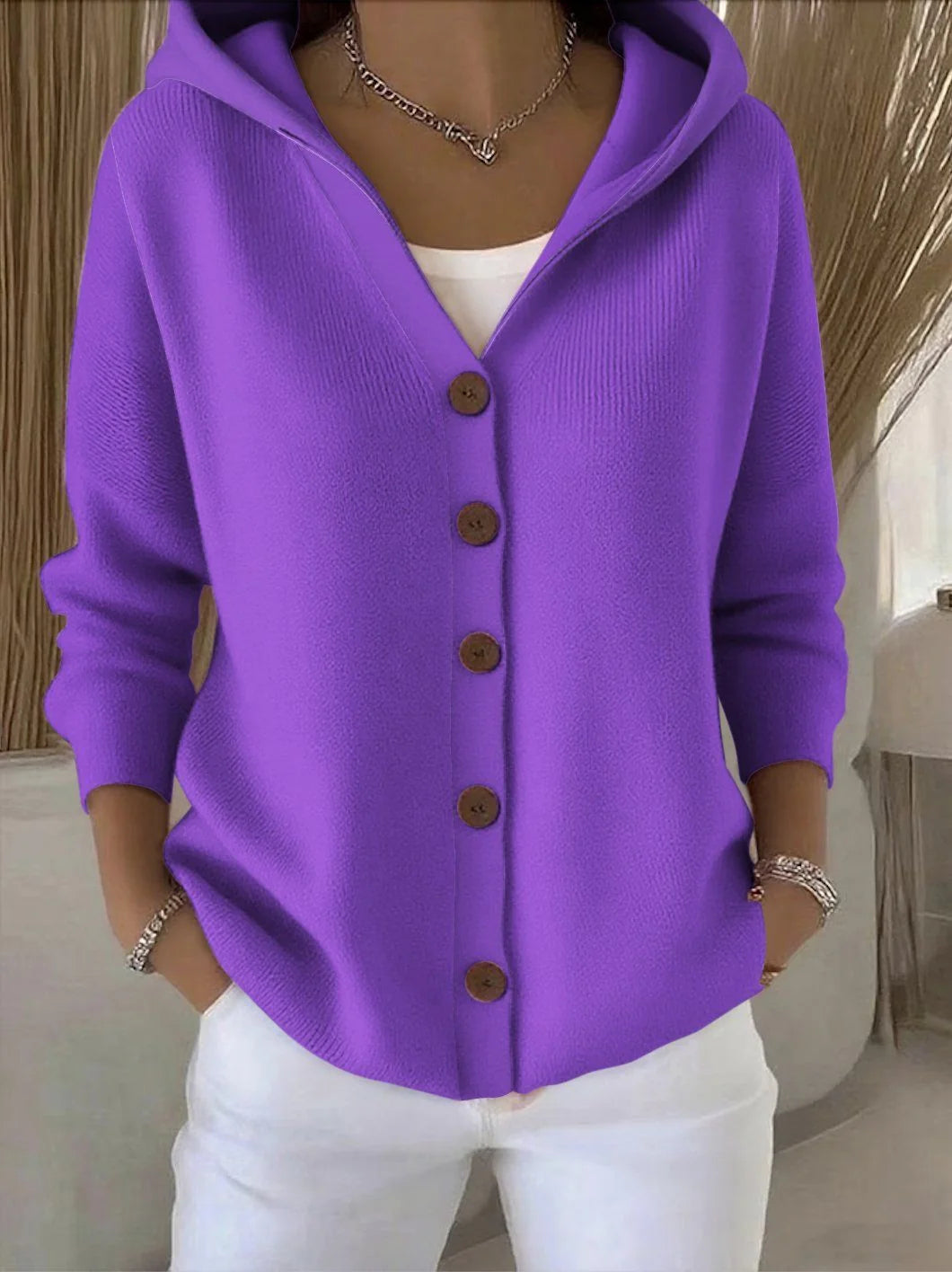 Purple Women's Hooded Button-Front Cardigan — Chelsea Relaxed Pocketed Knit - Front Detail