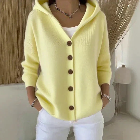 Yellow Women's Hooded Button-Front Cardigan — Chelsea Relaxed Pocketed Knit - Front Studio