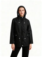 Black Women's Raincoat With Hood — Giselle Lightweight Drawstring Waterproof Parka - Hood Up Front