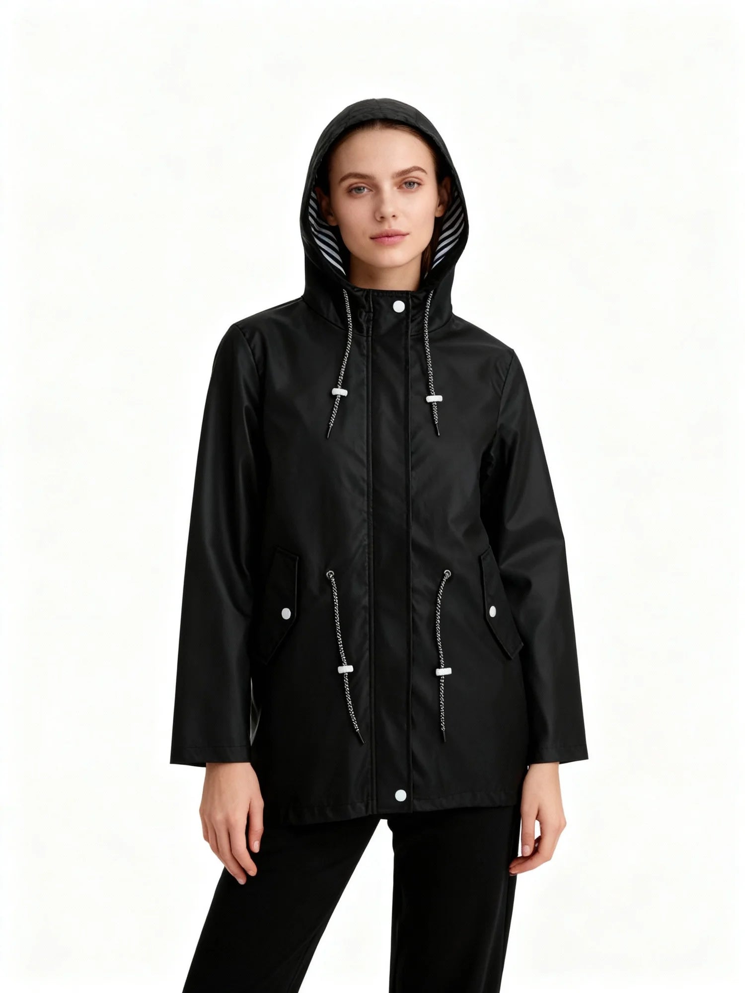 Black Women's Raincoat With Hood — Giselle Lightweight Drawstring Waterproof Parka - Hood Up Front