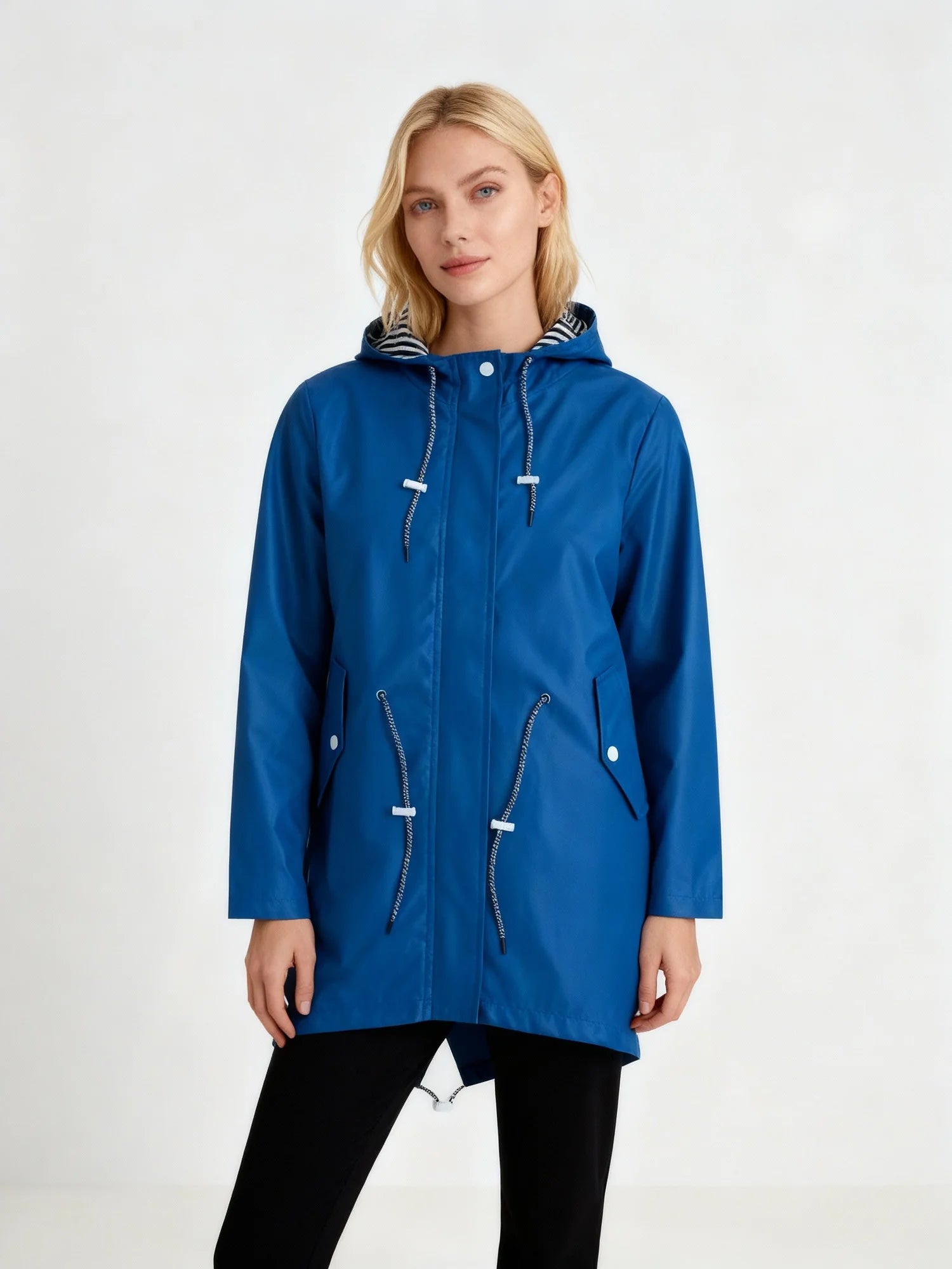 Blue Women's Raincoat With Hood — Giselle Lightweight Drawstring Waterproof Parka - Studio Front