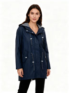 Navy Women's Raincoat With Hood — Giselle Lightweight Drawstring Waterproof Parka - Side Angle