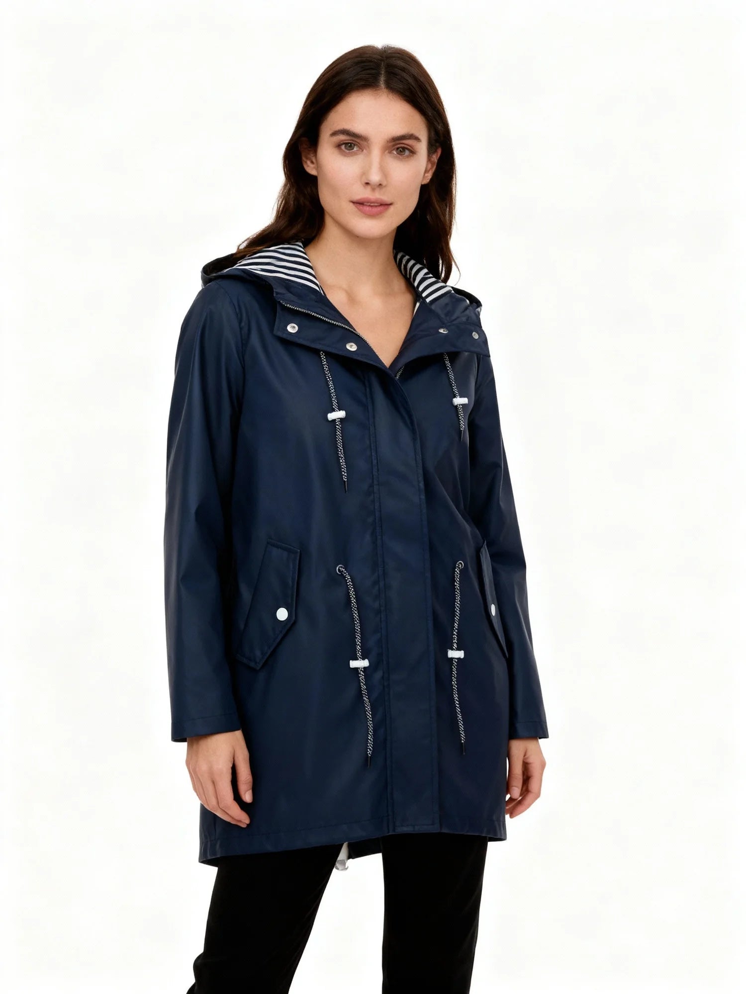 Navy Women's Raincoat With Hood — Giselle Lightweight Drawstring Waterproof Parka - Side Angle