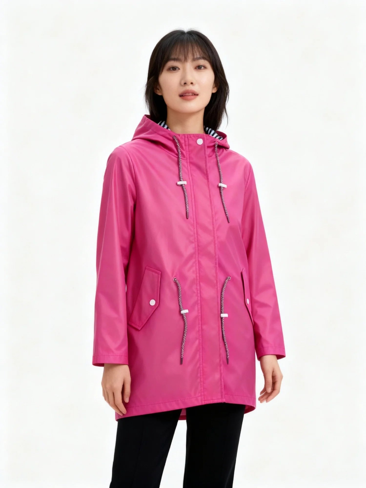 Pink Women's Raincoat With Hood — Giselle Lightweight Drawstring Waterproof Parka - Front Pose